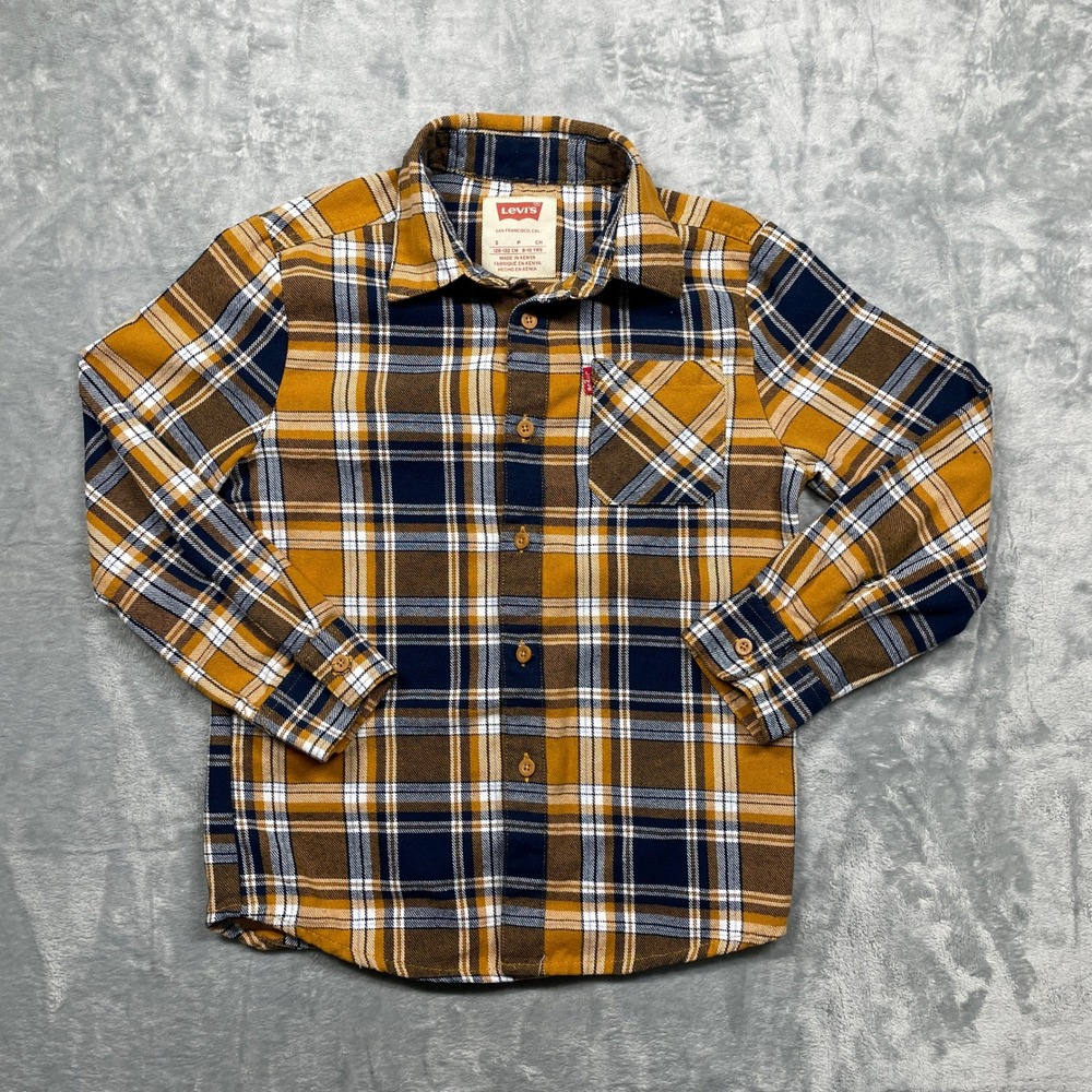 Levi's‎ Plaid Flannel Button Down Kids Size S 8-10 Yellow Navy Blue Long Sleeve